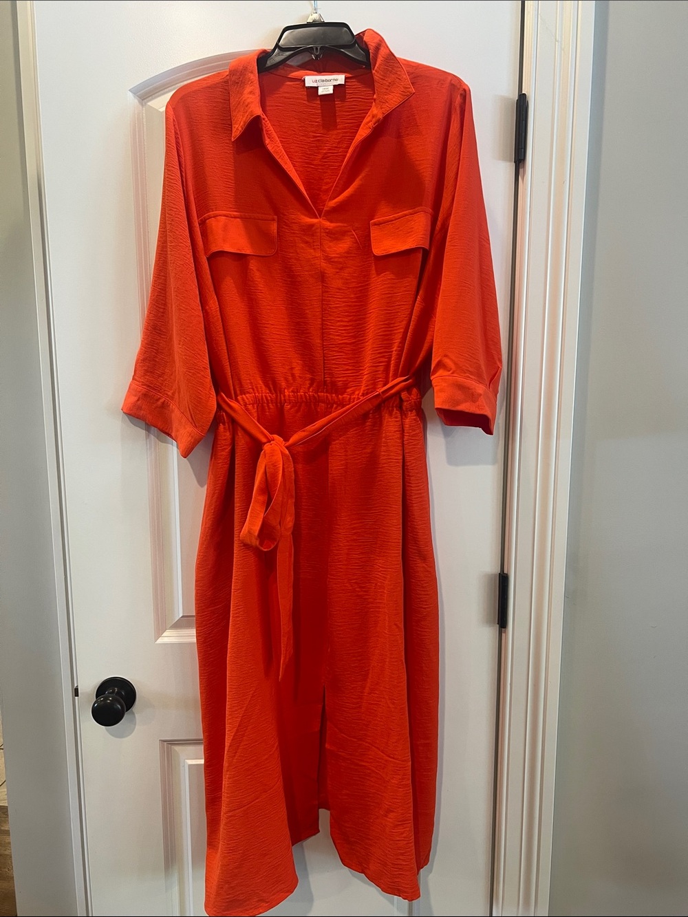 Liz Claiborne Orange Midi Shirt Dress with Tie Waist
